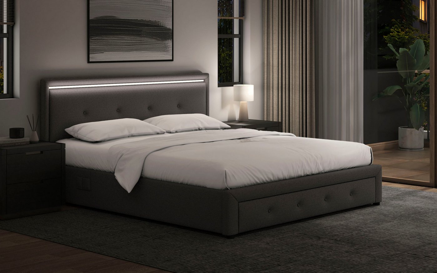 OTTO home Polsterbett RUNELLE, LED-Stauraumbett mit Lattenrost & Schubladen, Strukturstoff, Liegefläche 140x200cm / 160x200cm / 180x200cm – Bild 3 von 5