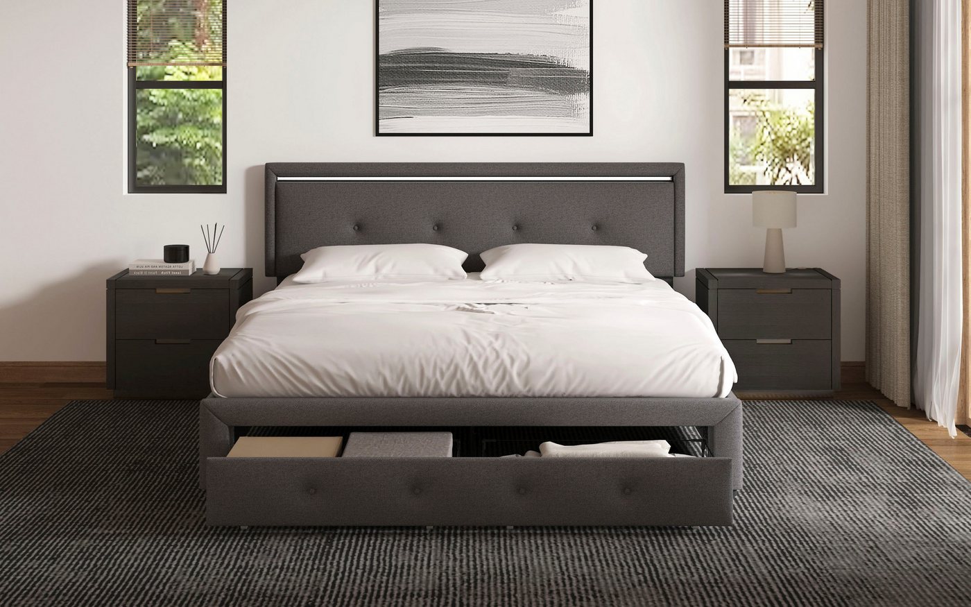 OTTO home Polsterbett RUNELLE, LED-Stauraumbett mit Lattenrost & Schubladen, Strukturstoff, Liegefläche 140x200cm / 160x200cm / 180x200cm – Bild 4 von 5