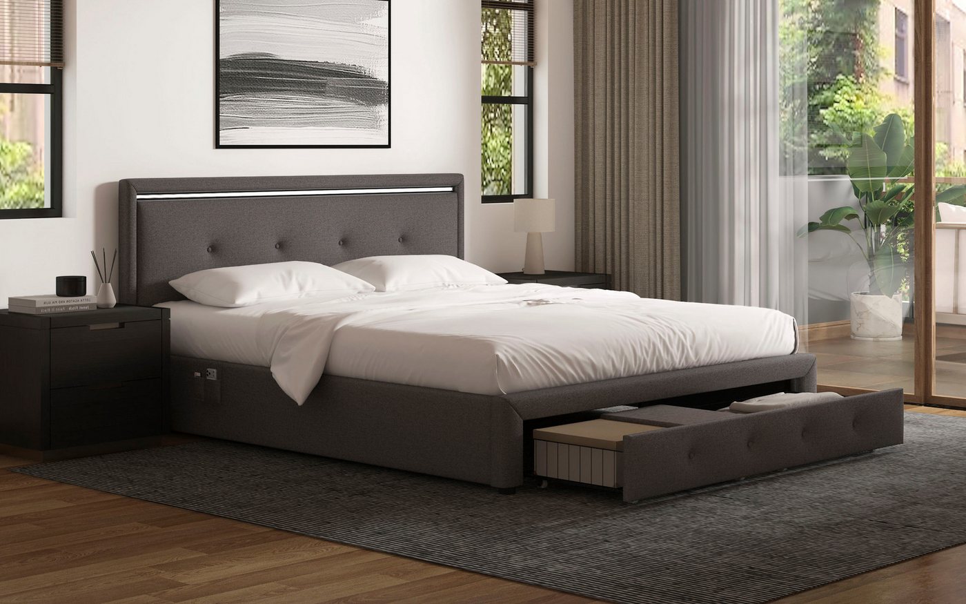 OTTO home Polsterbett RUNELLE, LED-Stauraumbett mit Lattenrost & Schubladen, Strukturstoff, Liegefläche 140x200cm / 160x200cm / 180x200cm – Bild 5 von 5