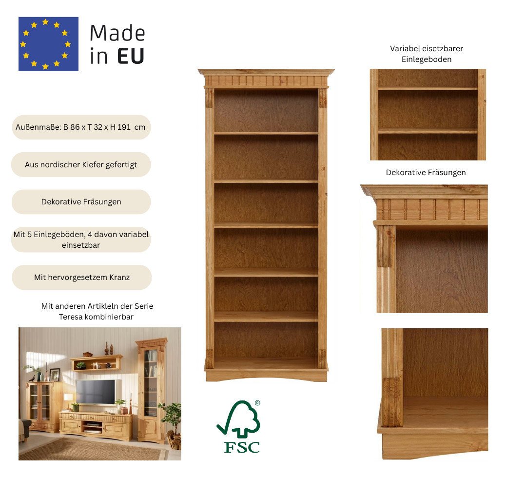 OTTO home Regal Teresa, Standregal, Bücherregal, aus massiver Kiefer, Breite 86 cm, Höhe 193 cm, FSC® – Bild 3 von 5