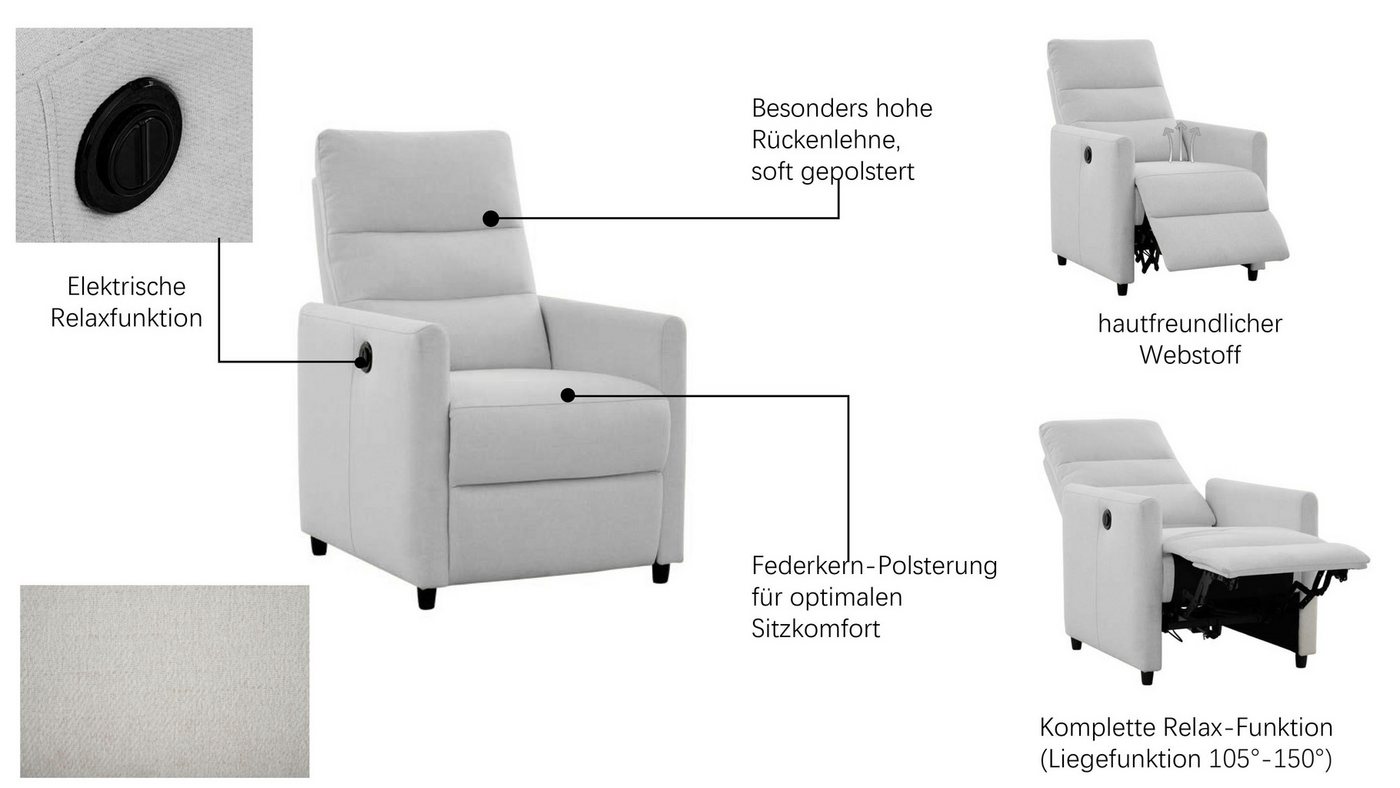 OTTO home Relaxsessel ANNICA, TV-Sessel mit elektrischer Relax- und Liegefunktion, Federkern-Polsterung, pflegeleichter Webstoff – Bild 3 von 5