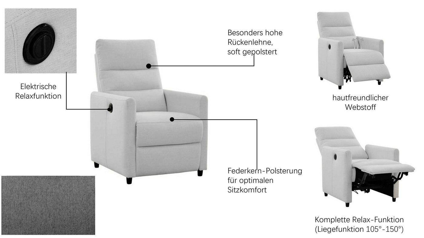 OTTO home Relaxsessel ANNICA, TV-Sessel mit elektrischer Relax- und Liegefunktion, Federkern-Polsterung, pflegeleichter Webstoff – Bild 3 von 5