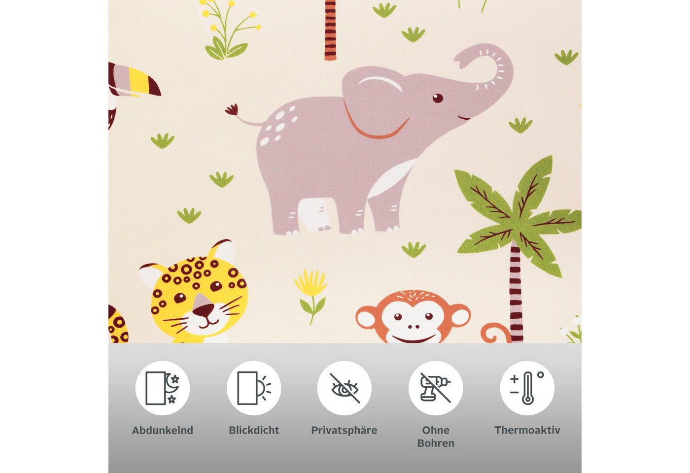 Rollo Jungle, Lichtschutz, ohne Bohren, Tiermoitv, Kinder, OTTO home, Lichtschutz, ohne Bohren, freihängend, Klemmfix, Klemmfix, Fixmaß, Tiere, Kinderrollo, ein – Bild 3 von 5