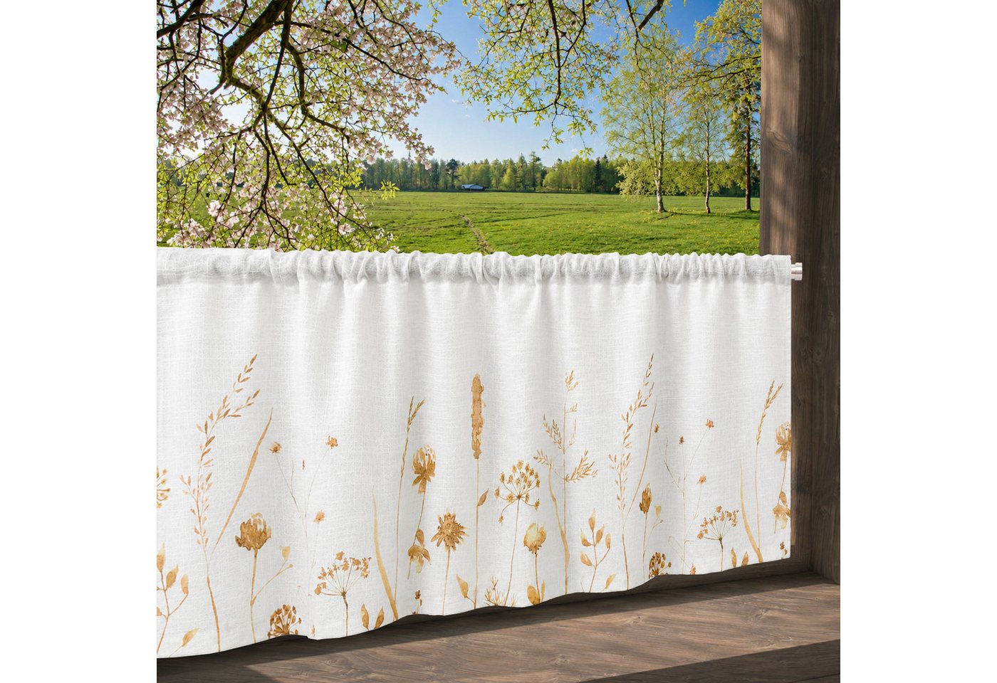 OTTO home Scheibengardine Rikkert (1 St), Stangendurchzug, halbtransparent, Lichtschutz, Leinen-Optik mit Naturmotiv, verschiedene Größen – Bild 5 von 5