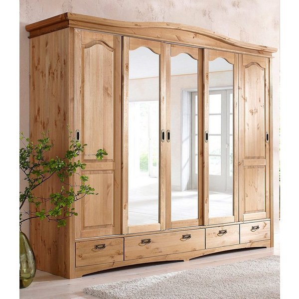 OTTO home Schiebetürenschrank Konrad, Landhausstil, rustikal, mit Schubladen + Spiegel, Kassetten (B/H/T ca. 249 cm x 207 cm x 64 cm) massive Kiefer, FSC®-zerti