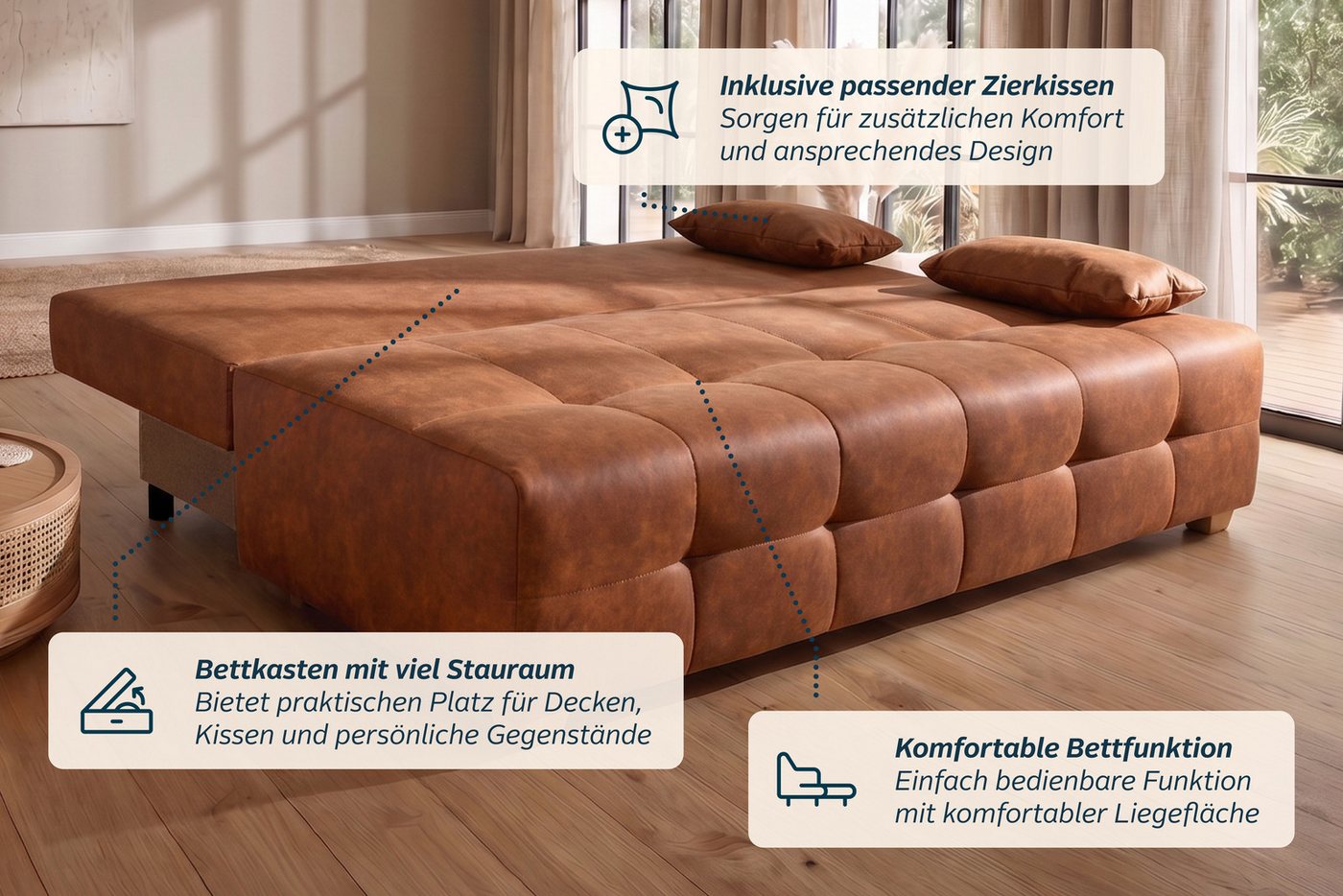 OTTO home Schlafsofa Bella, B: 196 cm, Liegefl. 145x196 cm, Schlaffunktion, Bettkasten & 2 Armlehnenkissen, Federkern – Bild 4 von 5