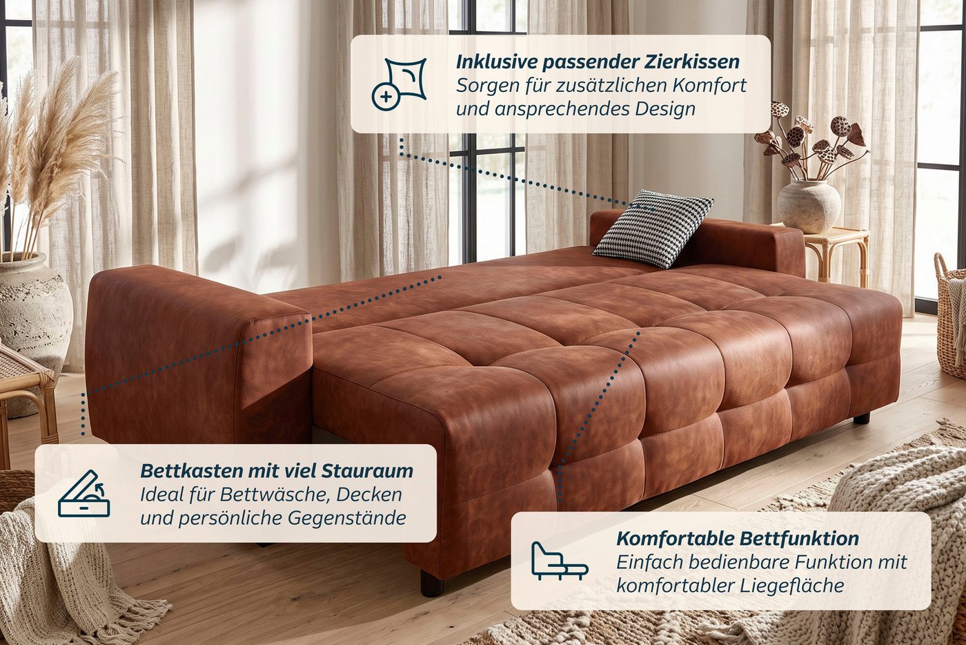 OTTO home Schlafsofa Bella B: 241 cm, Liegefl. 142x194 cm mit Bettkasten & Zierkissen, Schlafcouch mit Gästebett, 2 Zierkissen inklusive, frei stellbar – Bild 4 von 5
