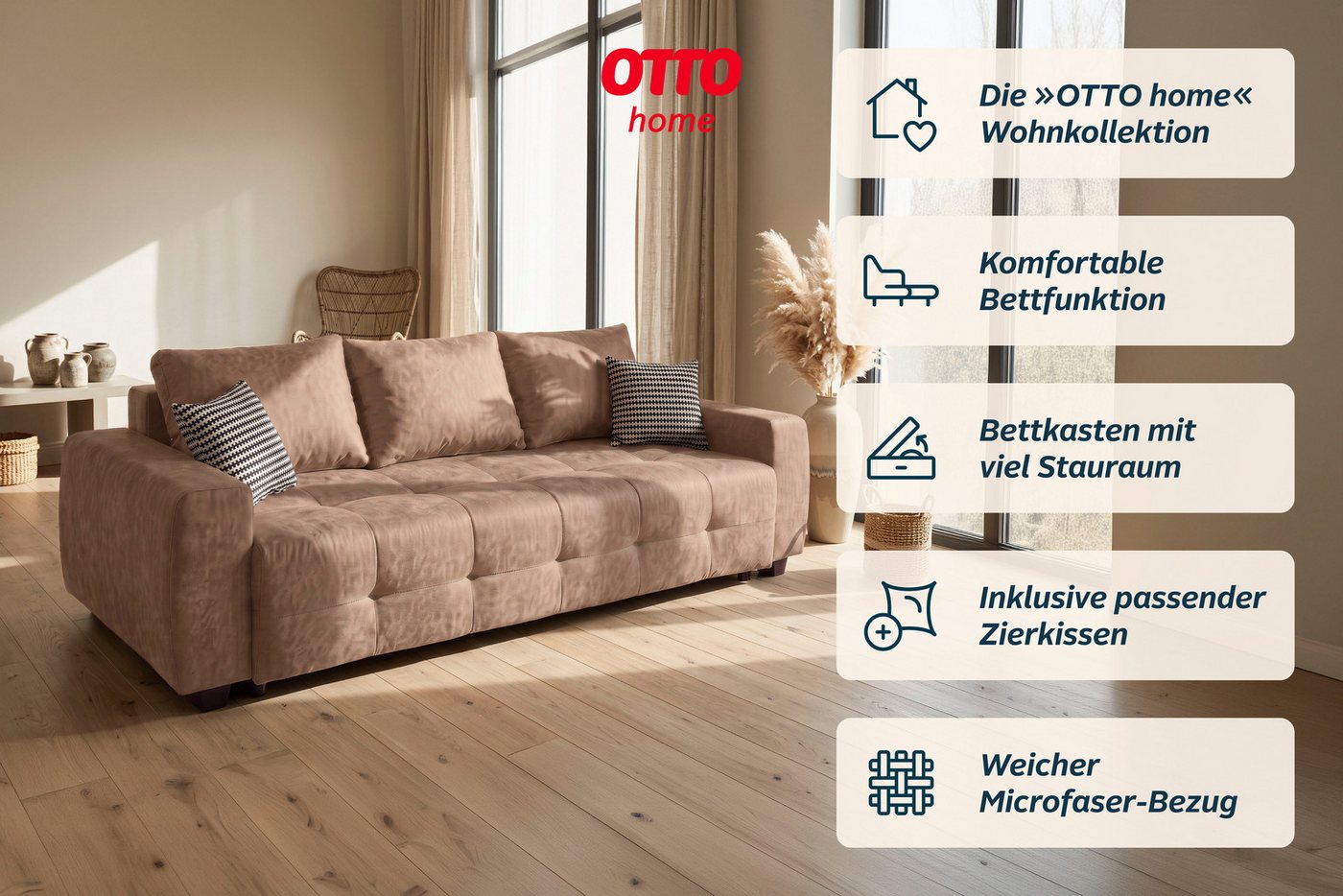 OTTO home Schlafsofa Bella B: 241 cm, Liegefl. 142x194 cm mit Bettkasten & Zierkissen, Schlafcouch mit Gästebett, 2 Zierkissen inklusive, frei stellbar – Bild 3 von 5