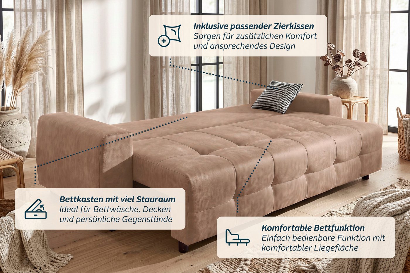 OTTO home Schlafsofa Bella B: 241 cm, Liegefl. 142x194 cm mit Bettkasten & Zierkissen, Schlafcouch mit Gästebett, 2 Zierkissen inklusive, frei stellbar – Bild 4 von 5