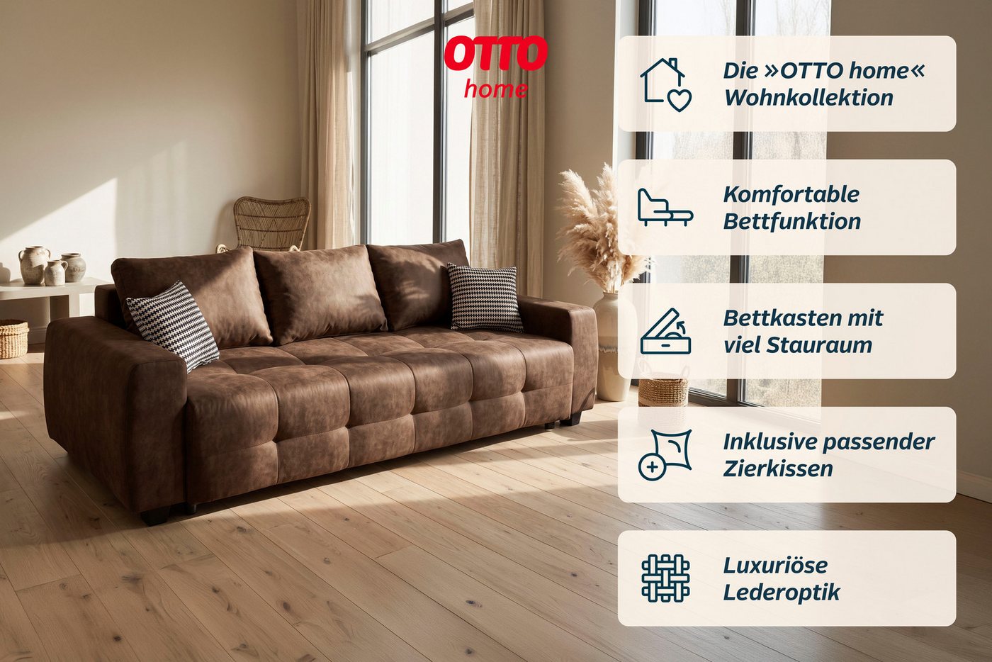 OTTO home Schlafsofa Bella B: 241 cm, Liegefl. 142x194 cm mit Bettkasten & Zierkissen, Schlafcouch mit Gästebett, 2 Zierkissen inklusive, frei stellbar – Bild 3 von 5
