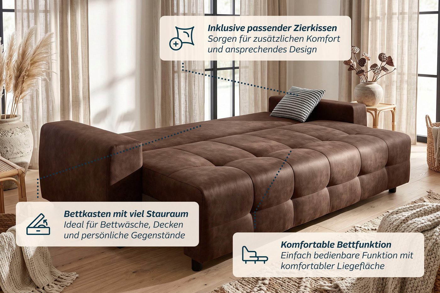 OTTO home Schlafsofa Bella B: 241 cm, Liegefl. 142x194 cm mit Bettkasten & Zierkissen, Schlafcouch mit Gästebett, 2 Zierkissen inklusive, frei stellbar – Bild 4 von 5
