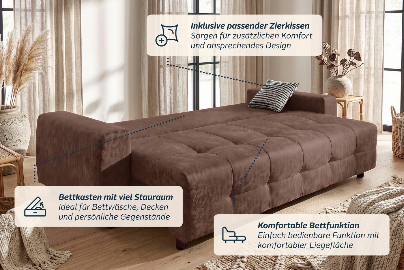 OTTO home Schlafsofa Bella B: 241 cm, Liegefl. 142x194 cm mit Bettkasten & Zierkissen, Schlafcouch mit Gästebett, 2 Zierkissen inklusive, frei stellbar – Bild 4 von 5