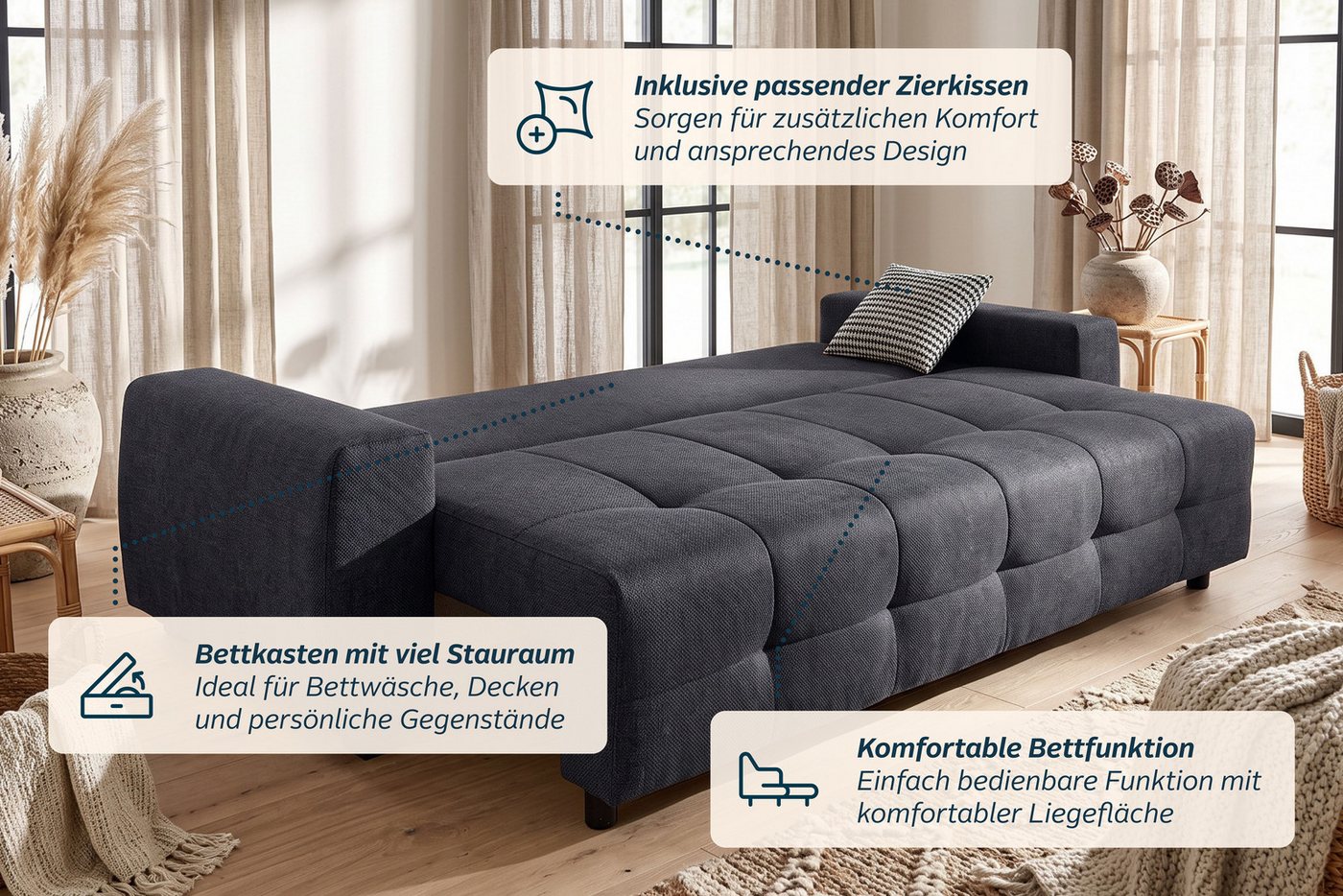 OTTO home Schlafsofa Bella mit Bettkasten, Gästebett 142x194, in 3 Qualitäten, inkl. Kissen, PREMIUM - Taschenfedern ohne Topper - Für die tägliche Nutzung – Bild 4 von 5