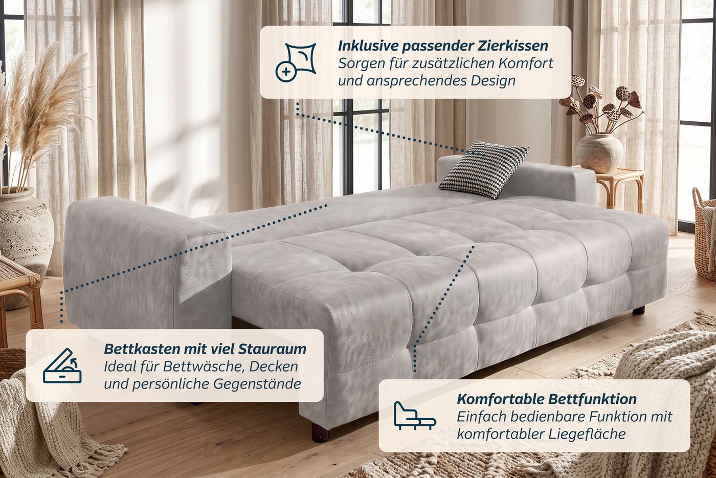 OTTO home Schlafsofa Bella mit Bettkasten, Gästebett 142x194, in 3 Qualitäten, inkl. Kissen, LUXUS - Taschenfedern mit Topper - Schlafen wie im Bett, Dauerschlä – Bild 4 von 5