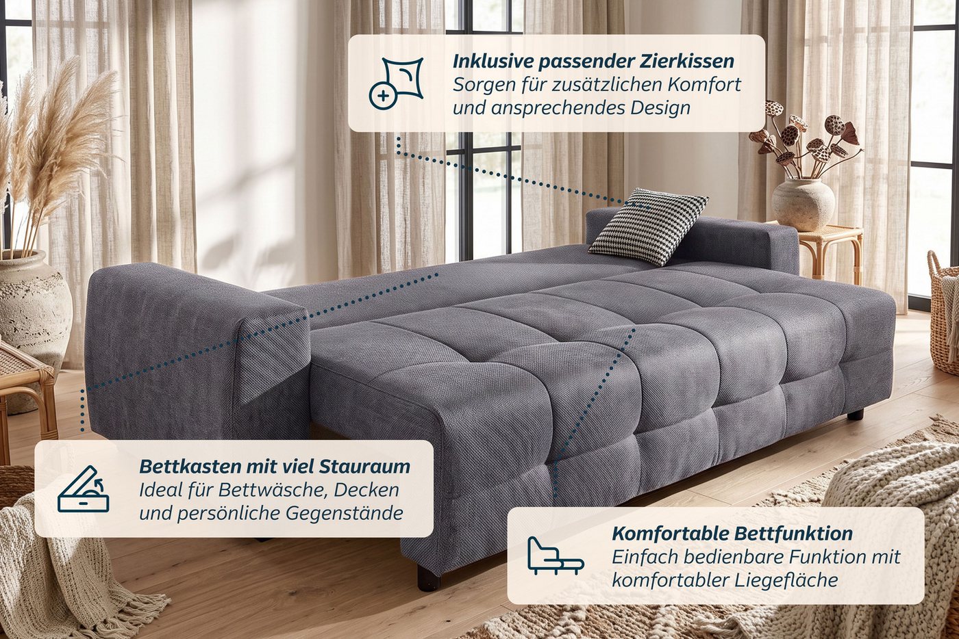 OTTO home Schlafsofa Bella mit Bettkasten, Gästebett 142x194, in 3 Qualitäten, inkl. Kissen, LUXUS - Taschenfedern mit Topper - Schlafen wie im Bett, Dauerschlä – Bild 4 von 5