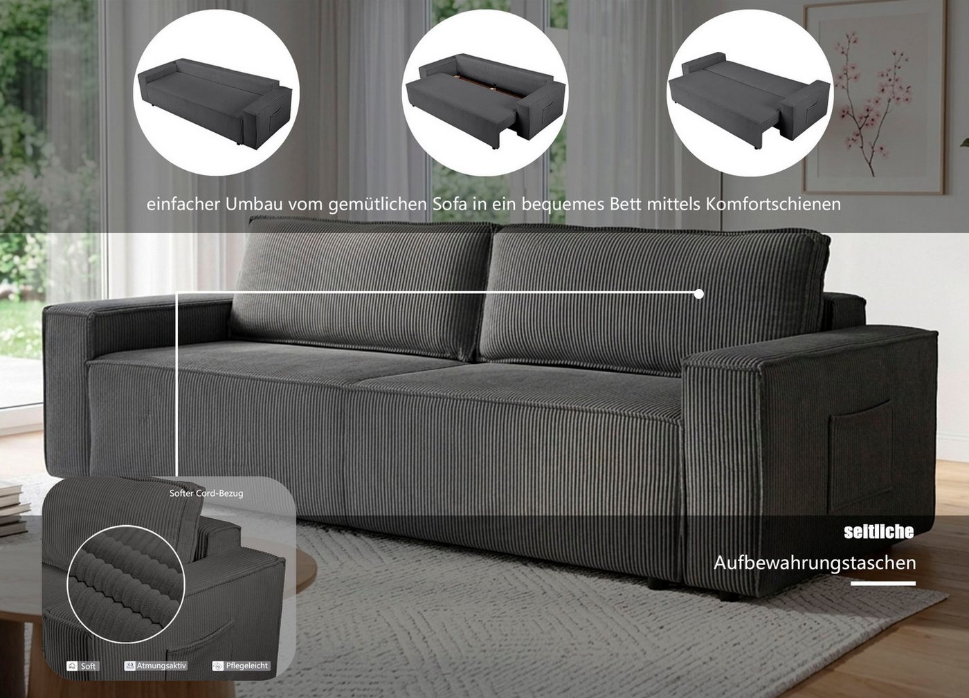 OTTO home Schlafsofa CASSI 3-Sitzer, 240 cm - OTTO. Verlässliche Qualität., Schlaffunktion (134/200), Bettkasten, Cord – Bild 3 von 5