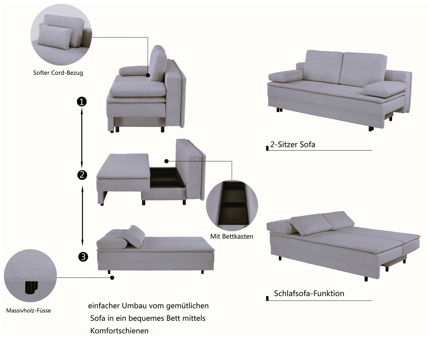 OTTO home Schlafsofa JANNIKO Cord, Breite: 193 cm, Liegefläche 124x193 cm, softer Cord, mit Bettfunktion & Bettkasten, Matten-Polsterung – Bild 4 von 5