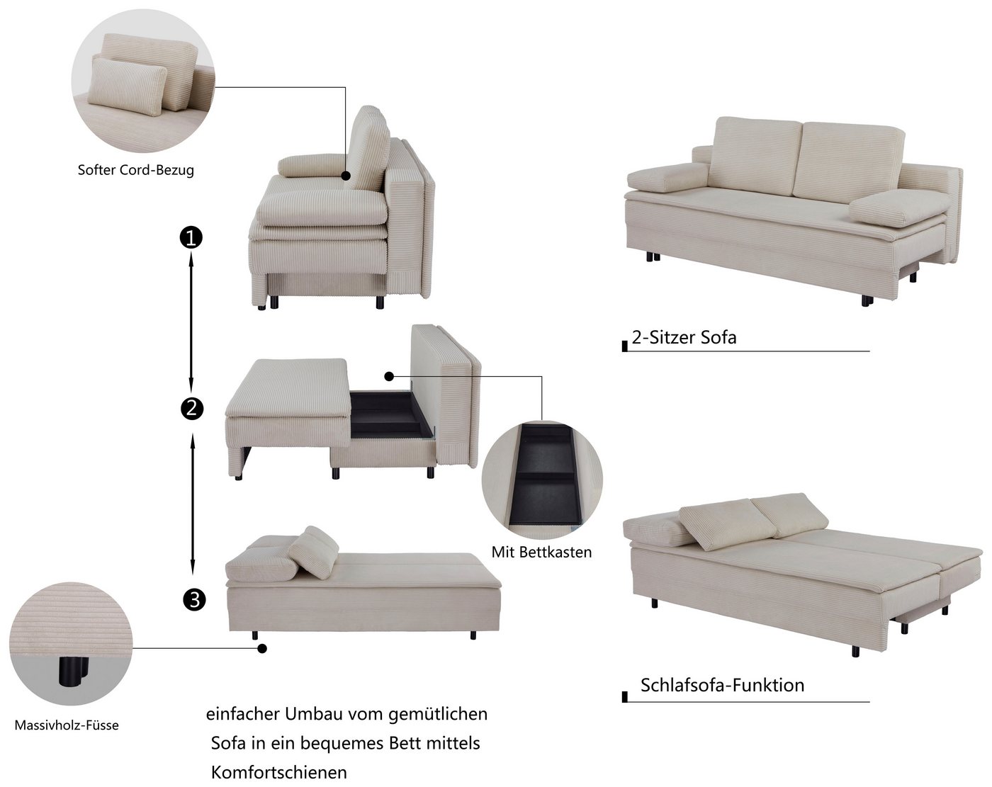 OTTO home Schlafsofa JANNIKO Cord, Breite: 193 cm, Liegefläche 124x193 cm, softer Cord, mit Bettfunktion & Bettkasten – Bild 4 von 5