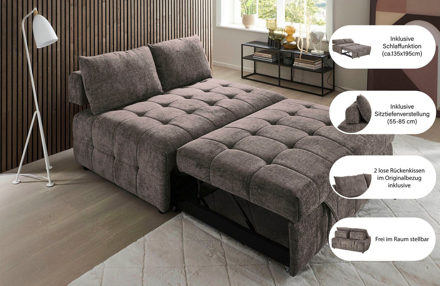 OTTO home Schlafsofa Kuno, B:140cm, Gästebett, Multifunktional, 2-Sitzer Schlafsofa mit Sitztiefenverstellung (2x) – Bild 3 von 5