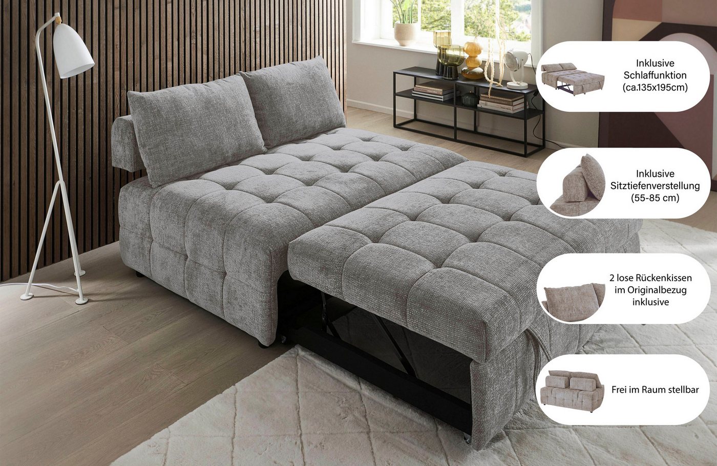 OTTO home Schlafsofa Kuno, B:140cm, Gästebett, Multifunktional, 2-Sitzer, mit 2-fach Sitztiefenverstellung, Liegefläche 135x195cm – Bild 3 von 5