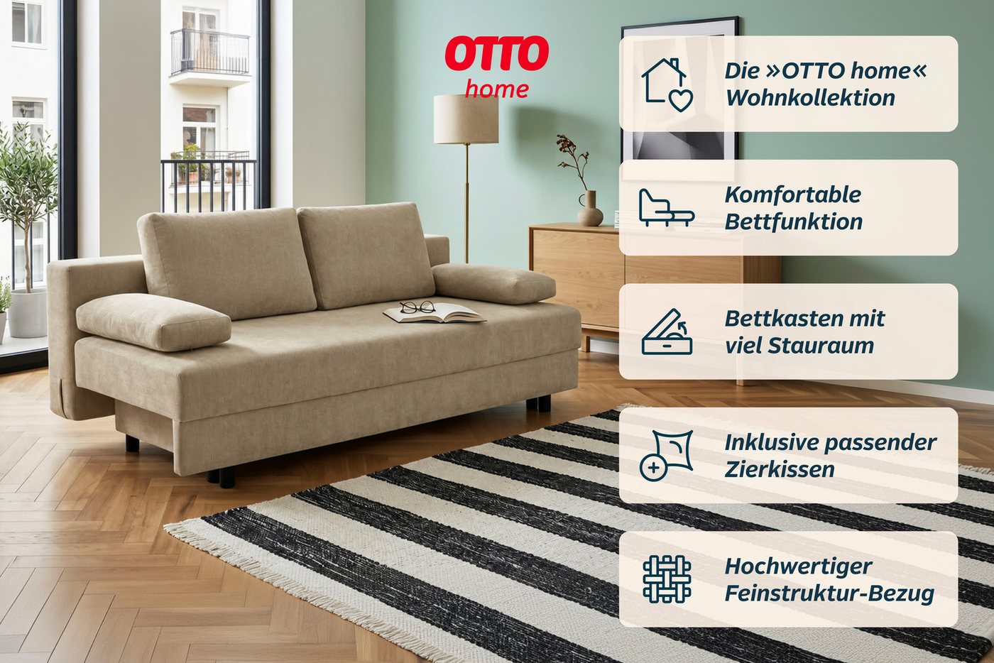 OTTO home Schlafsofa ONNIKO, Breite: 192 cm, Liegefläche 121x192 cm, Feinstruktur-Bezug, mit Bettfunktion & Bettkasten – Bild 3 von 5
