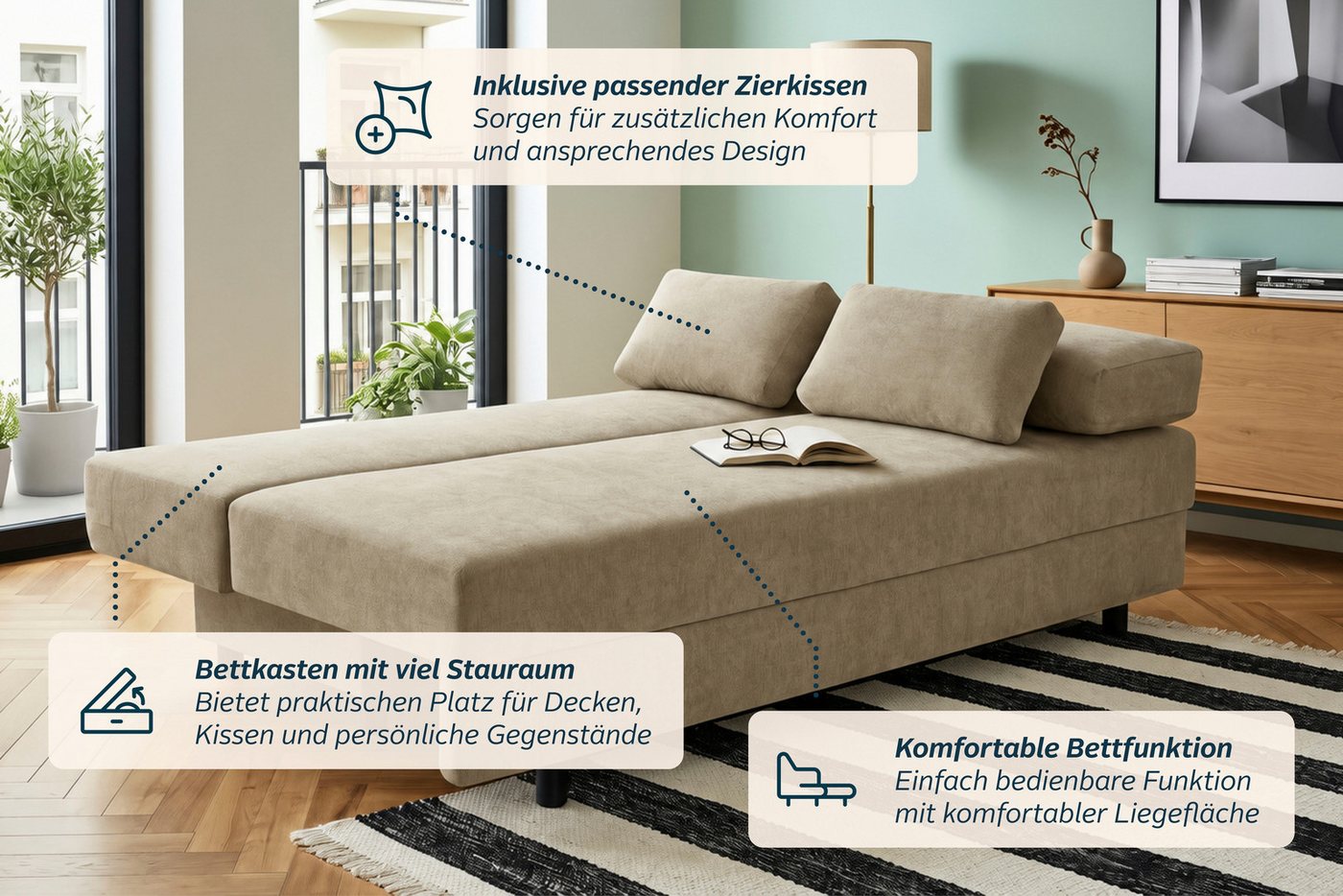 OTTO home Schlafsofa ONNIKO, Breite: 192 cm, Liegefläche 121x192 cm, Feinstruktur-Bezug, mit Bettfunktion & Bettkasten – Bild 4 von 5