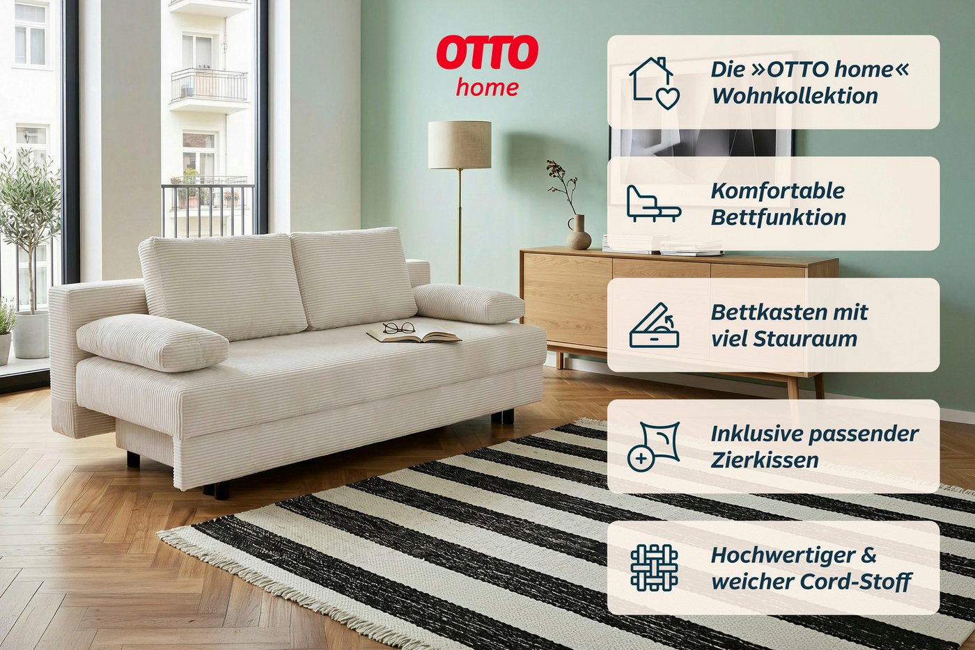 OTTO home Schlafsofa ONNIKO Cord, Breite: 192 cm, Liegefläche 121x192 cm, softer Cord-Bezug, mit Bettfunktion & Bettkasten – Bild 3 von 5