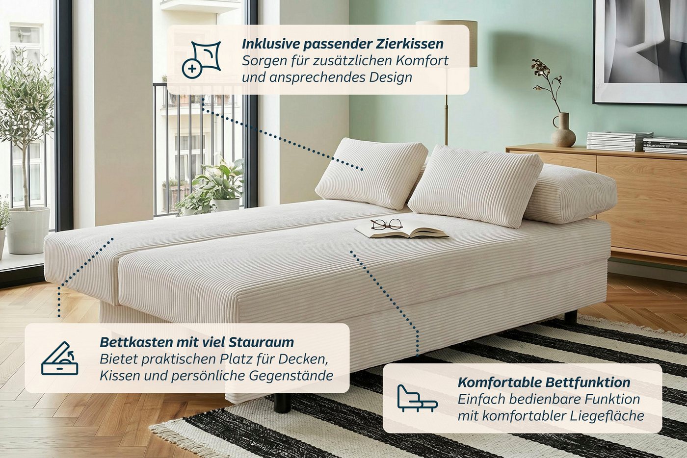 OTTO home Schlafsofa ONNIKO Cord, Breite: 192 cm, Liegefläche 121x192 cm, softer Cord-Bezug, mit Bettfunktion & Bettkasten – Bild 4 von 5