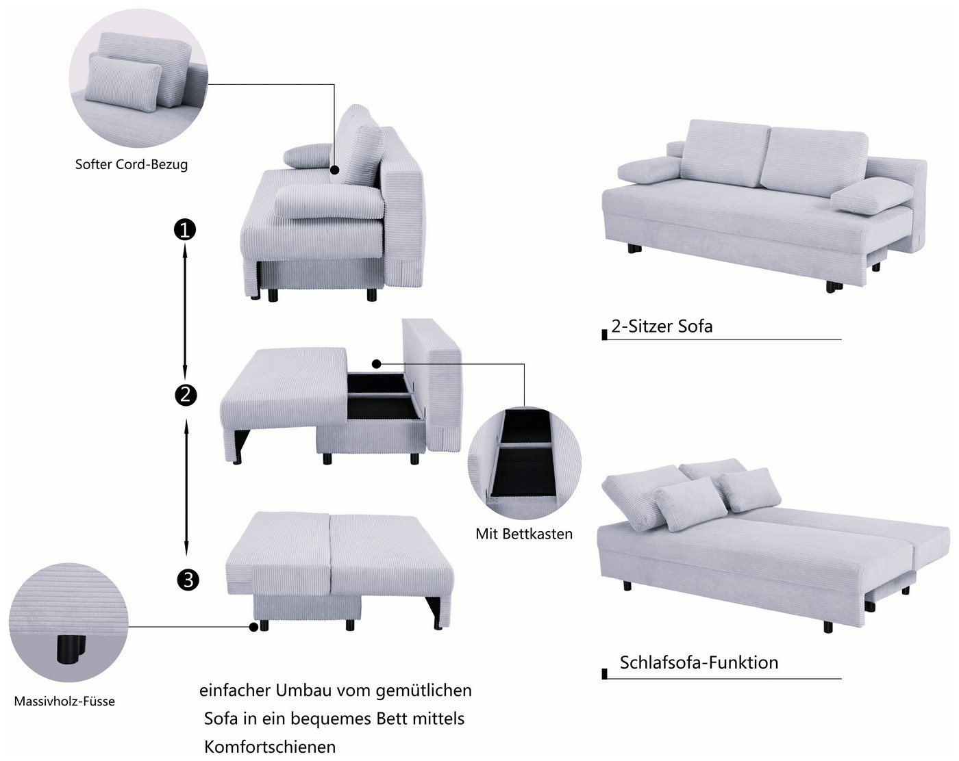OTTO home Schlafsofa ONNIKO Cord, Breite: 192 cm, Liegefläche 121x192 cm, softer Cord-Bezug, mit Bettfunktion & Bettkasten – Bild 3 von 5