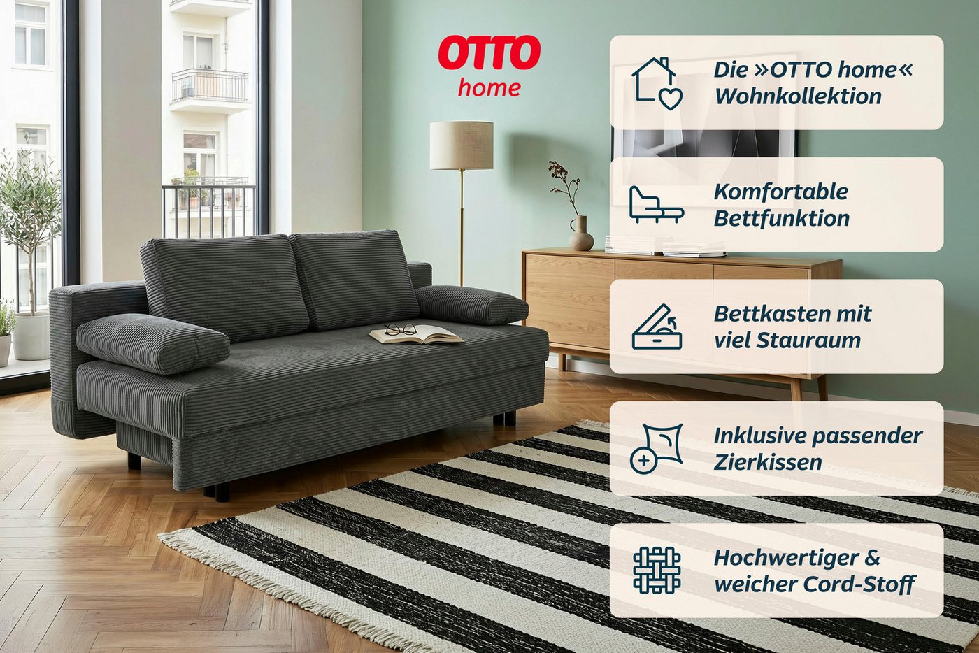 OTTO home Schlafsofa ONNIKO Cord, Breite: 192 cm, Liegefläche 121x192 cm, softer Cord-Bezug, mit Bettfunktion & Bettkasten – Bild 3 von 5