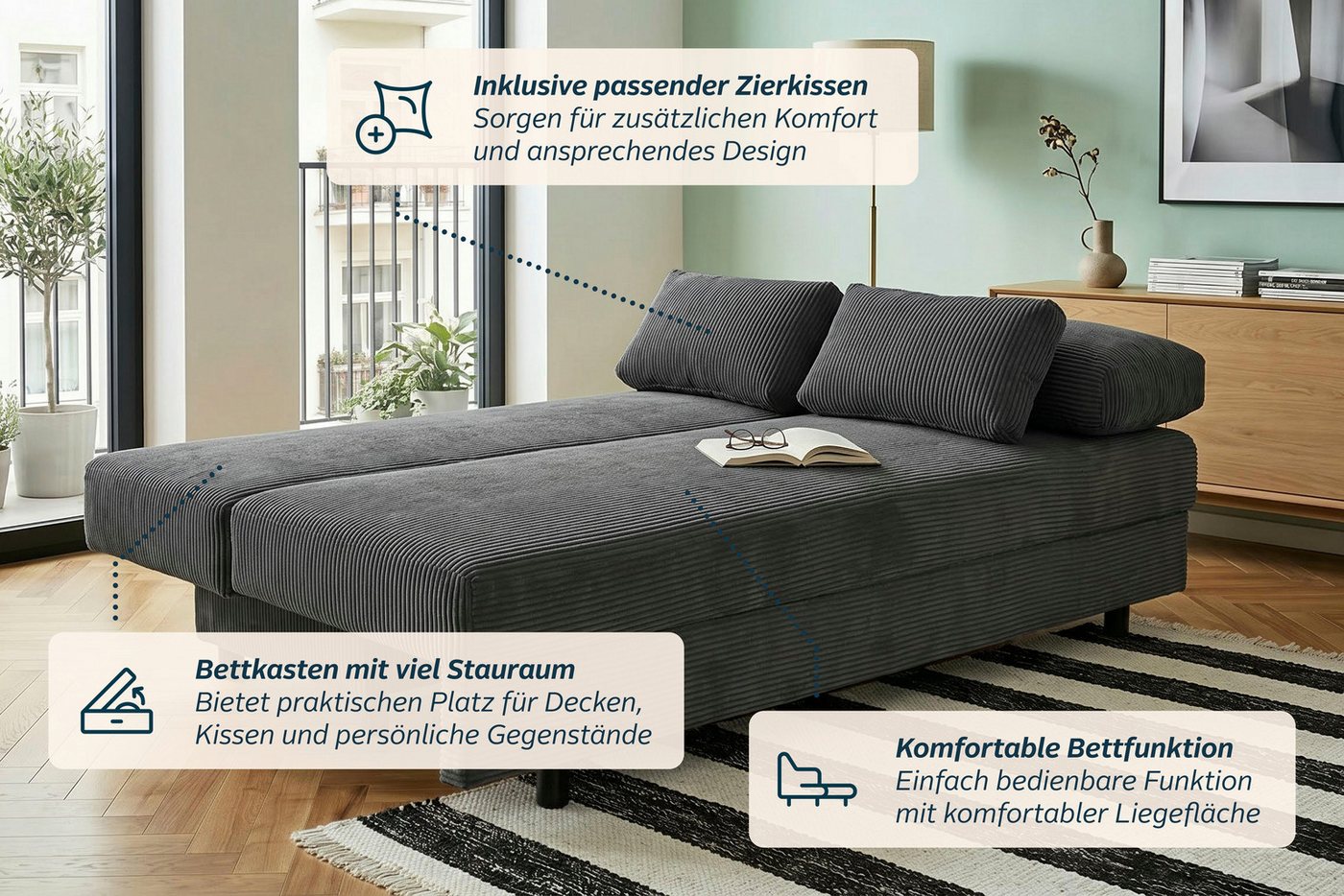 OTTO home Schlafsofa ONNIKO Cord, Breite: 192 cm, Liegefläche 121x192 cm, softer Cord-Bezug, mit Bettfunktion & Bettkasten – Bild 4 von 5