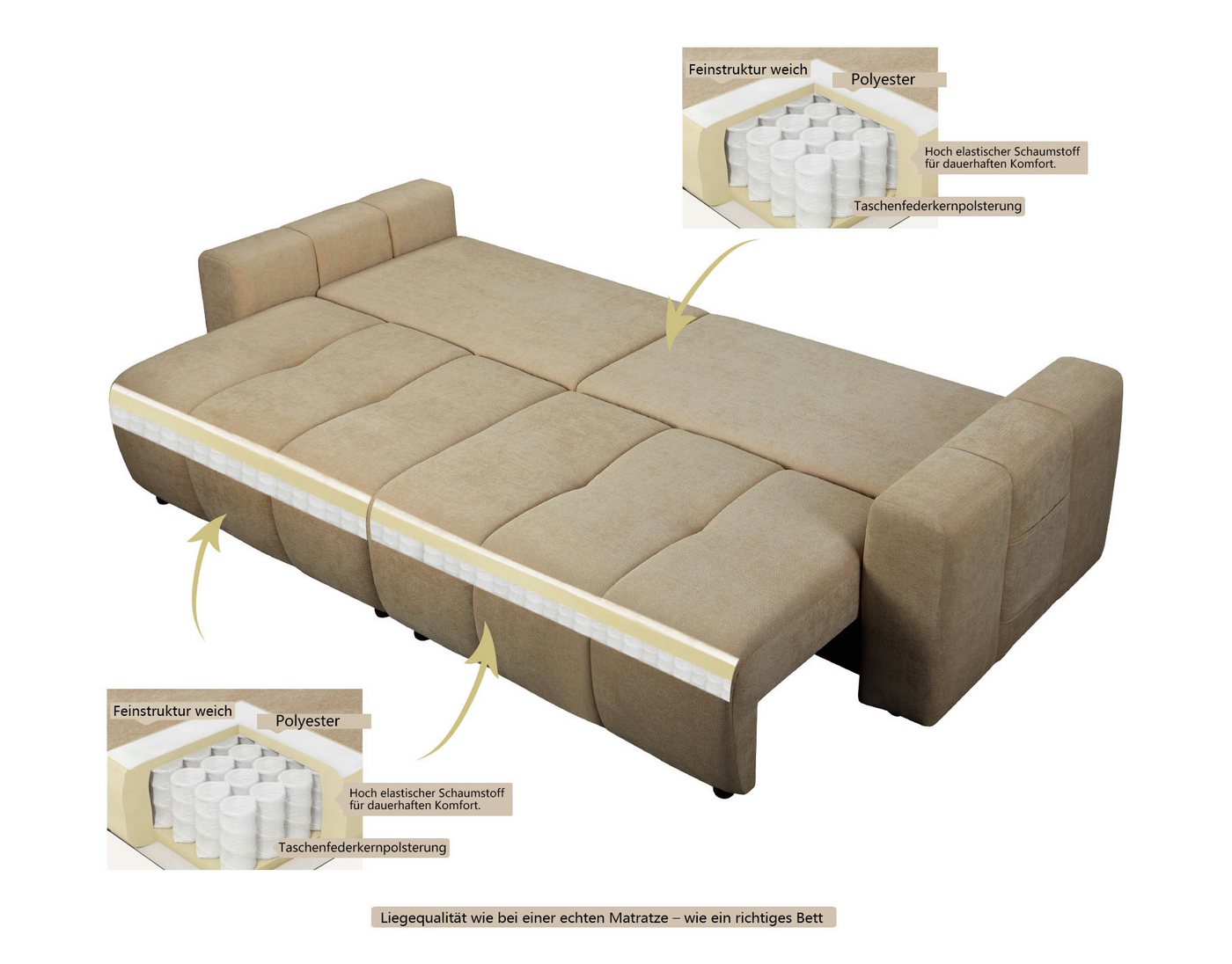 OTTO home Schlafsofa YLVAA 3-Sitzer, 239 cm - OTTO. Verlässliche Qualität., Schlaffunktion(132/198), Bettkasten, Feinstruktur-Bezug – Bild 4 von 5
