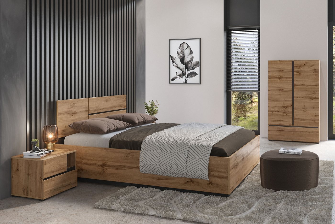 OTTO home Schlafzimmer-Set Cross, moderne, grifflose Optik, FSC-zertifiziert, (4-tlg., Bett 180x200cm, 2 Nachtkommoden, Schrank 2-oder 4-türig), Komplettschlafz – Bild 2 von 5