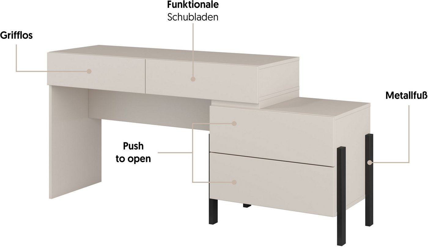 OTTO home Schminktisch Jukon, Breite 143 cm, moderner Schminktisch (ohne Spiegel), Schminktisch, grifflos mit 4 SK – Bild 3 von 5