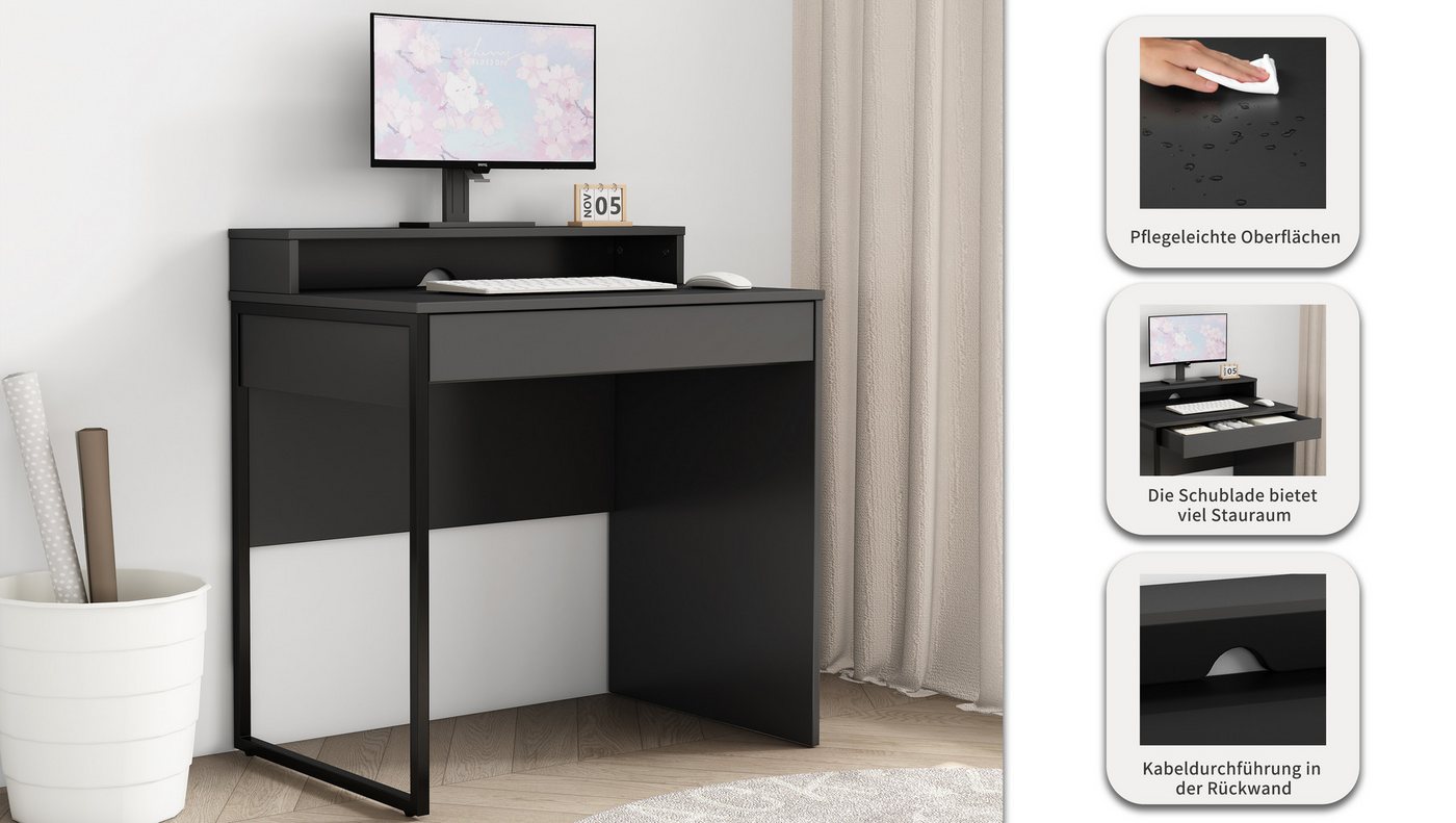 OTTO home Schreibtisch Moid, Computertisch in modernem Design, Breite 80 cm, mit Schublade, Kabeldurchlass & Metallkufe – Bild 3 von 5