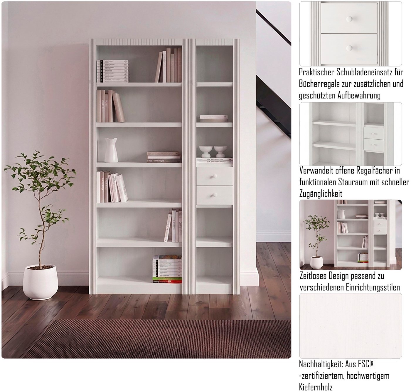 OTTO home Schubkasten Bergen 2 Schubläden mit einer natürlichen Maserung und Knopfgriffen, (2 Stck) passend zu den Regalen, massives Kiefernholz, Knopfgriffen – Bild 4 von 5