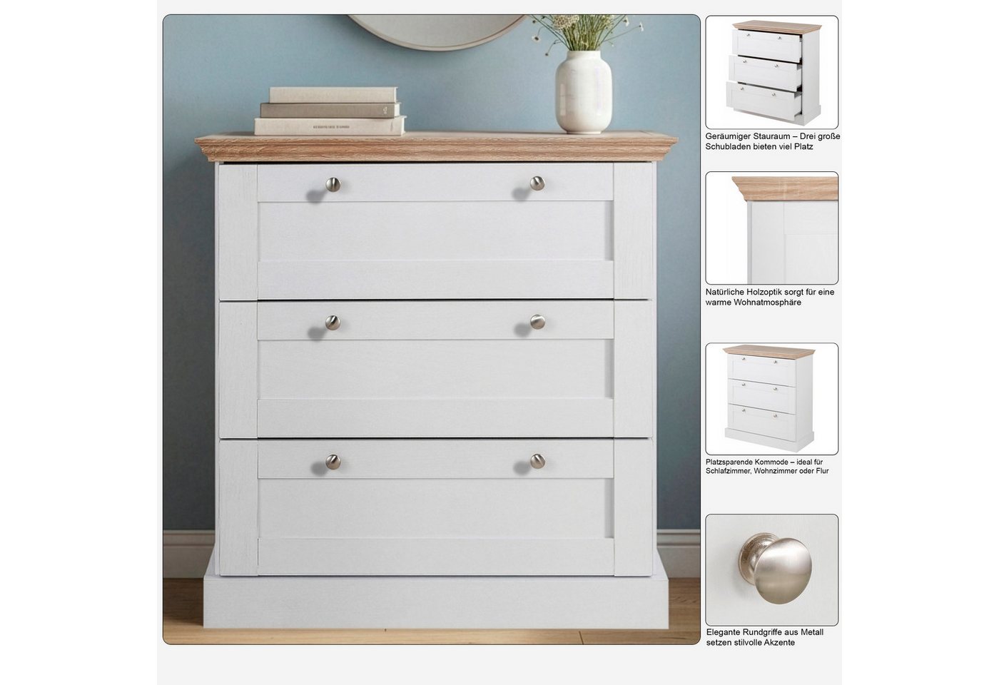 OTTO home Schubkastenkommode Binz, mit schönen Metallgriffen, 3 Schubladen, Breite 75 cm – Bild 3 von 5