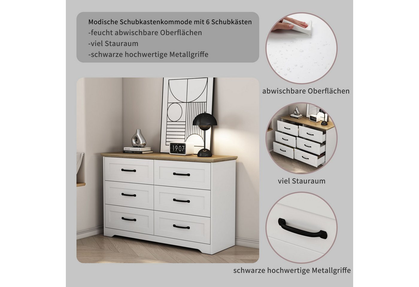 OTTO home Schubkastenkommode Emmilia Sideboard Schubladenschrank Wäscheschrank im Landhaus Design (Scandi Design mit 6 Schubladen für viel Stauraum im Schlafzim – Bild 4 von 5