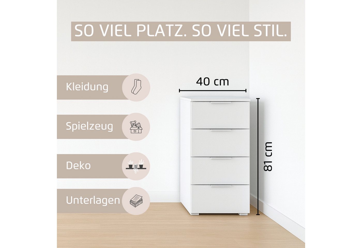 OTTO home Schubkastenkommode Highboard Sideboard Schubladenkommode Kommode Schlafzimmer ASTANA (Breite 40 cm / Höhe 81 cm), mit 4 geräumigen Schubladen, Kanteng – Bild 4 von 5