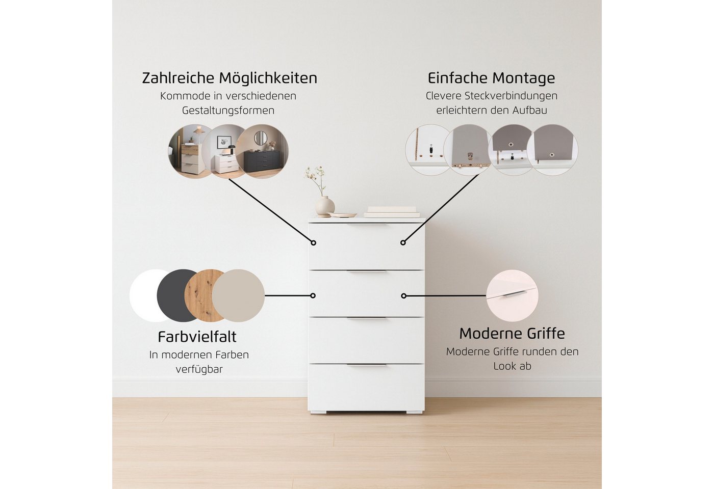 OTTO home Schubkastenkommode Highboard Sideboard Schubladenkommode Kommode Schlafzimmer ASTANA (Breite 40 cm / Höhe 81 cm), mit 4 geräumigen Schubladen, Kanteng – Bild 5 von 5