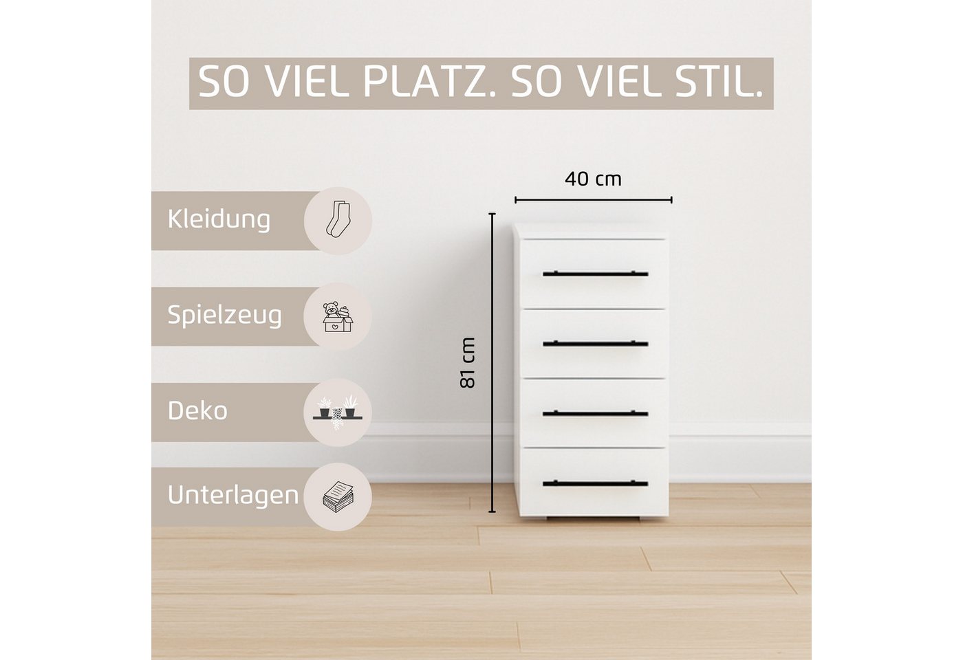 OTTO home Schubkastenkommode Kommode Sideboard Schubladenkommode Schlafzimmerkommode AVOLA (Breite 40 cm inkl. SOFT-CLOSE-FUNKTION mit Dekorfront), mit 4 geräum – Bild 3 von 5