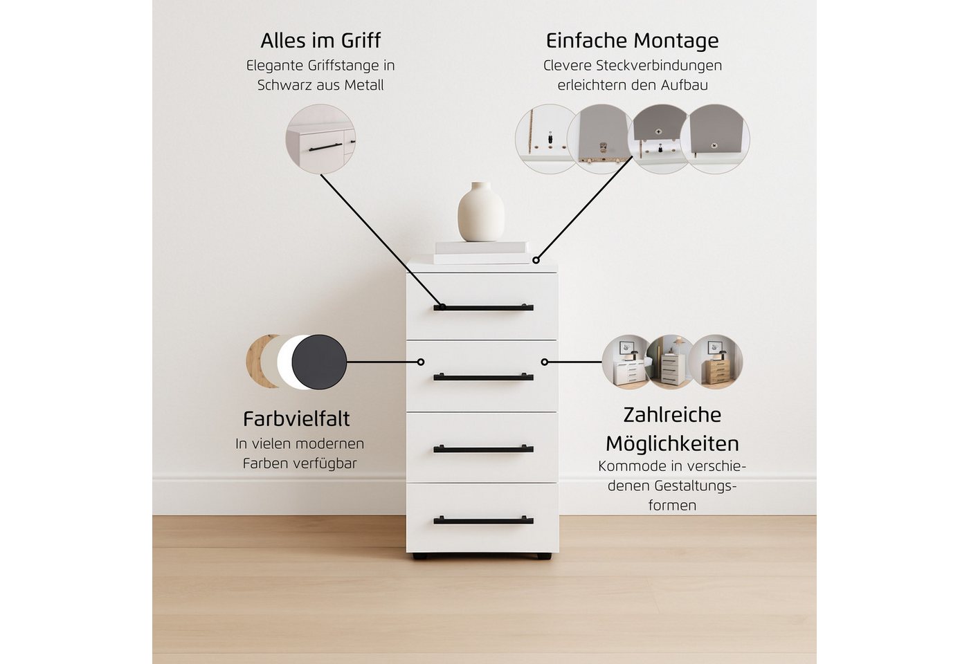 OTTO home Schubkastenkommode Kommode Sideboard Schubladenkommode Schlafzimmerkommode AVOLA (Breite 40 cm inkl. SOFT-CLOSE-FUNKTION mit Dekorfront), mit 4 geräum – Bild 4 von 5
