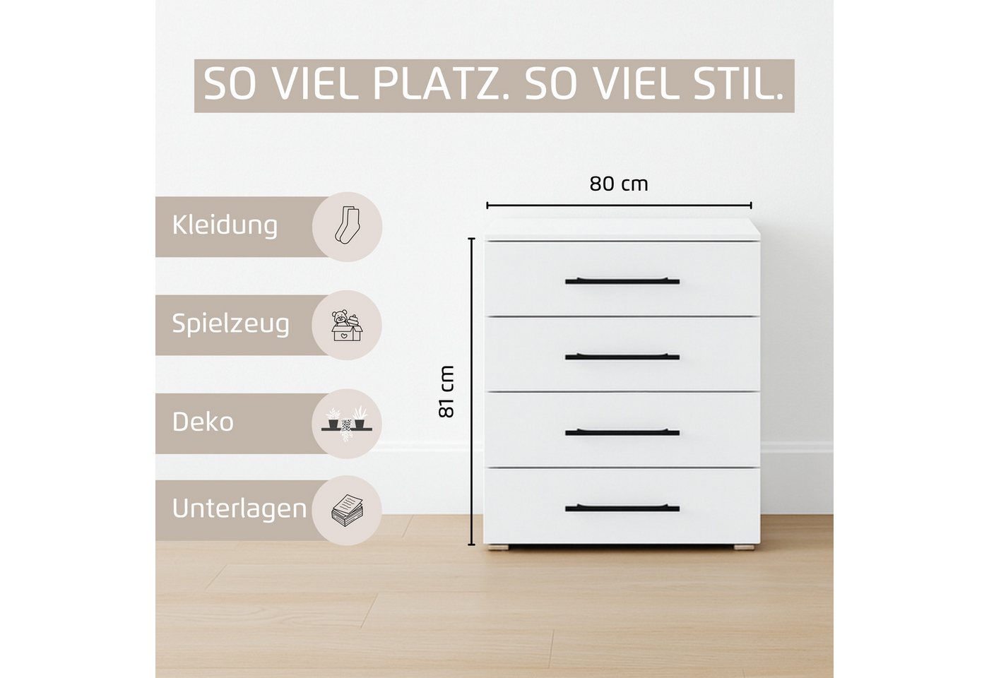OTTO home Schubkastenkommode Kommode Sideboard Schubladenkommode Schlafzimmerkommode AVOLA (Breite 80 cm inkl. SOFT-CLOSE-FUNKTION mit Dekorfront), Beimöbel 40  – Bild 3 von 5