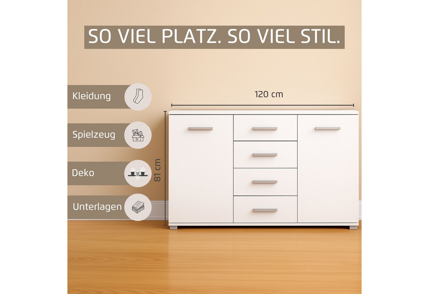 OTTO home Schubkastenkommode Kommode Sideboard Schubladenkommode Schlafzimmerkommode KOLUNA (Breite 120 cm mit hochwertiger Glasfront), vier große Schubladen, m – Bild 3 von 5