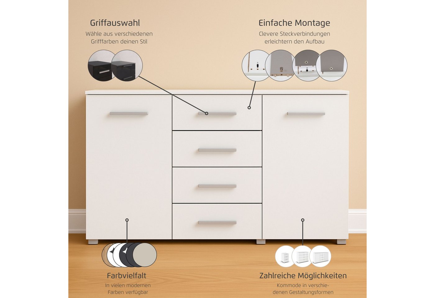 OTTO home Schubkastenkommode Kommode Sideboard Schubladenkommode Schlafzimmerkommode KOLUNA (Breite 120 cm mit hochwertiger Glasfront), vier große Schubladen, m – Bild 4 von 5