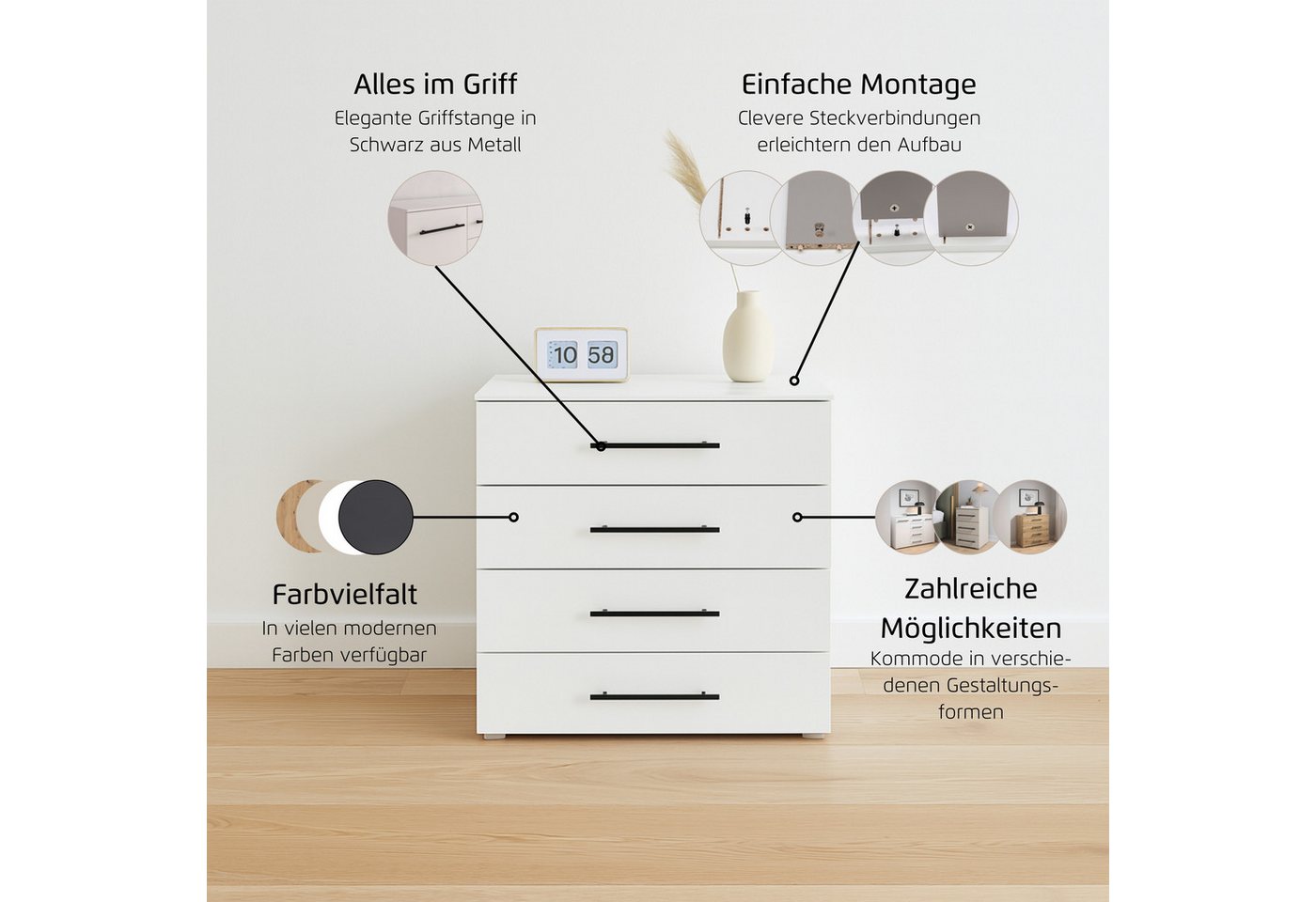OTTO home Schubkastenkommode Kommode Sideboard Schubladenkommode Schlafzimmerkommode AVOLA (Breite 80 cm inkl. SOFT-CLOSE-FUNKTION mit Dekorfront), vier große u – Bild 4 von 5