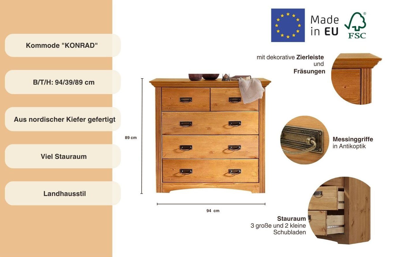 OTTO home Schubkastenkommode Konrad, Kommode, im Landhausstil, rustikal, Breite 94 cm, aus massiver, FSC®-zertifizierter Kiefer – Bild 3 von 5