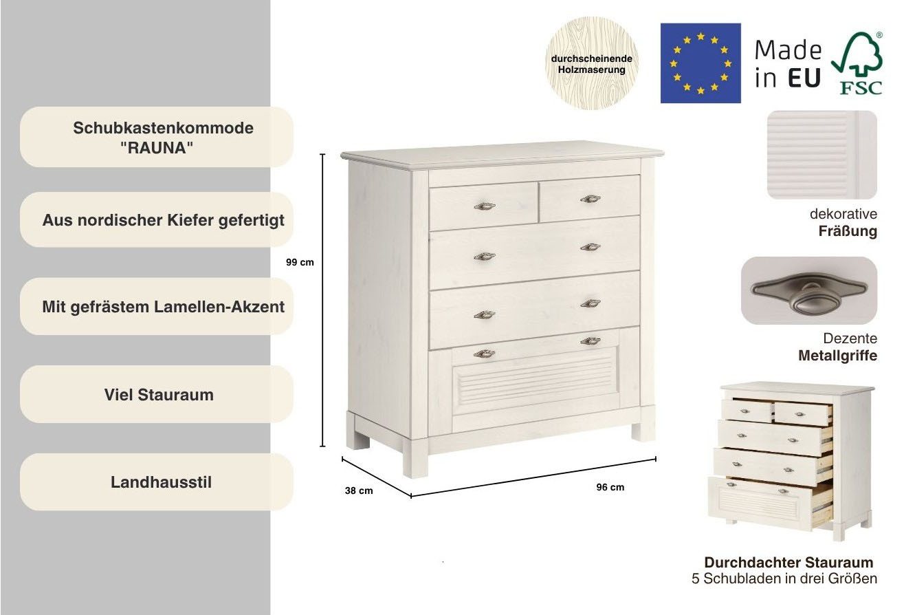 OTTO home Schubkastenkommode Rauna, aus massiver Kiefer mit 5 Schubladen, Breite 96 cm – Bild 3 von 5