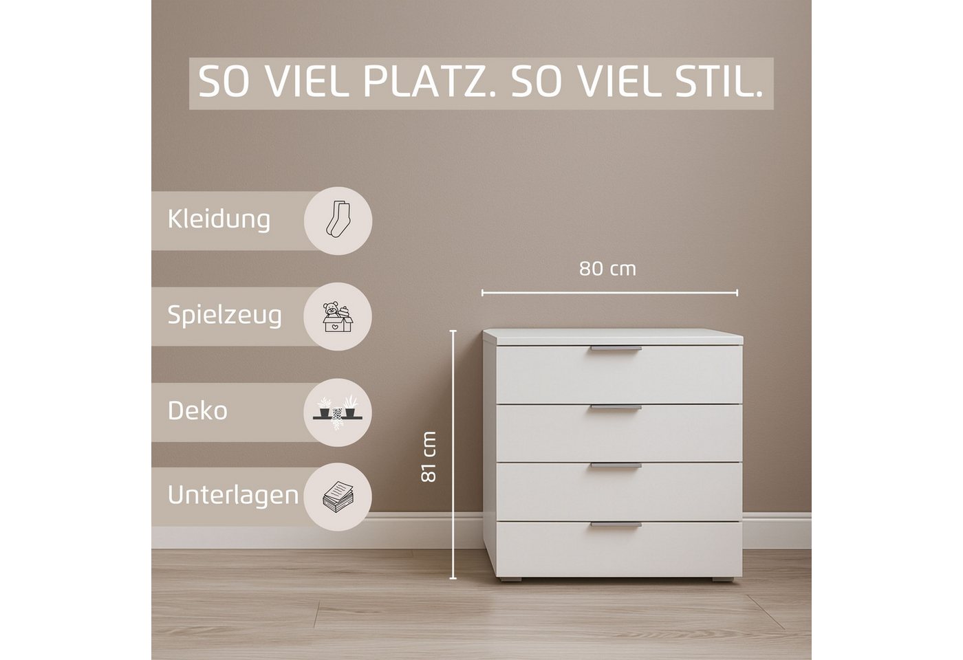 OTTO home Schubkastenkommode Sideboard Schubladenkommode AGORDO mit Dekor- oder Hochglanzfront (in zwei Griff-Farben, Breite 80 cm), vier große und geräumige Sc – Bild 3 von 5
