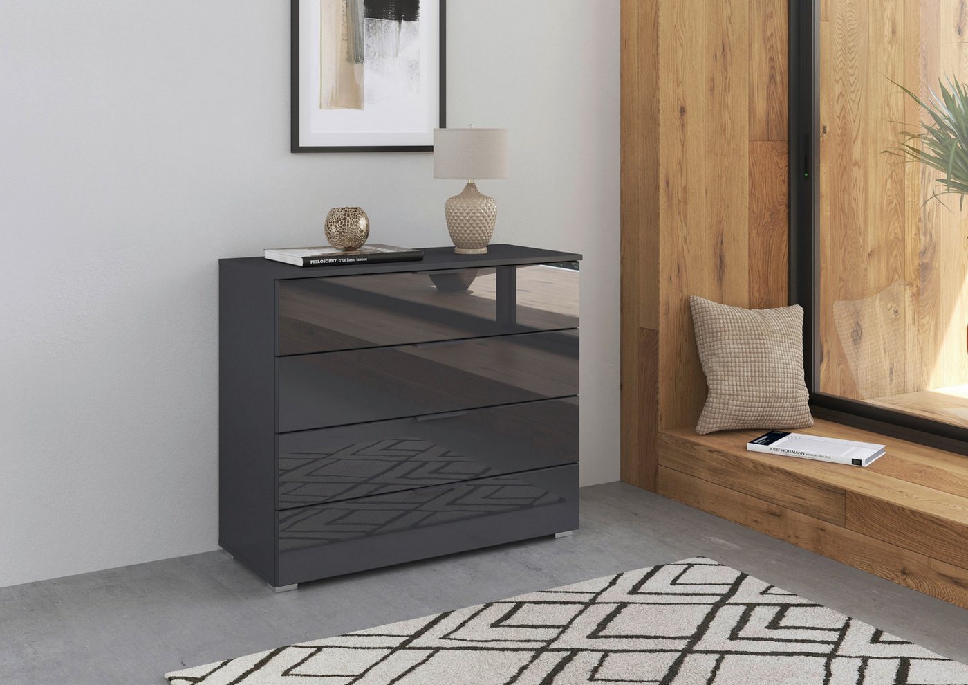 OTTO home Schubkastenkommode Sideboard Schubladenkommode Schubladenkommode AGORDO mit Glasfront (in zwei Griff-Farben, Breite 80 cm), vier große und geräumige S – Bild 2 von 5